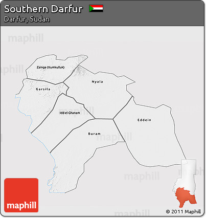 Silver Style 3D Map of Southern Darfur, single color outside