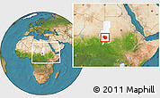 Satellite Location Map of Nyala, highlighted grandparent region, within the entire country