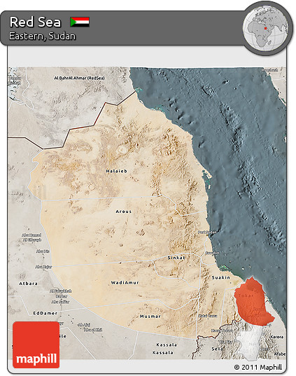 Satellite 3D Map of Red Sea, semi-desaturated