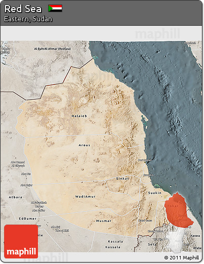 Satellite 3D Map of Red Sea, semi-desaturated