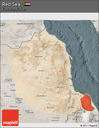 Satellite 3D Map of Red Sea, semi-desaturated