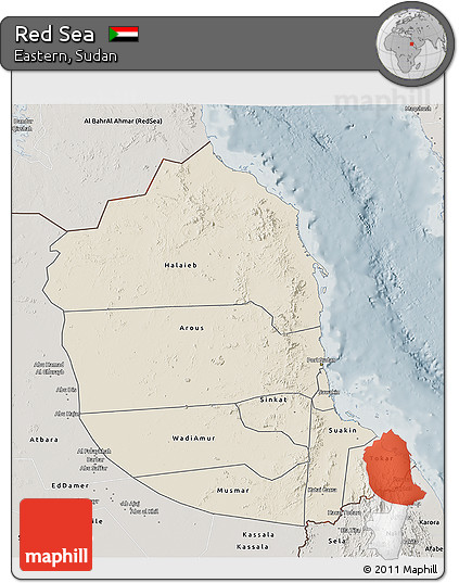 Shaded Relief 3D Map of Red Sea, semi-desaturated