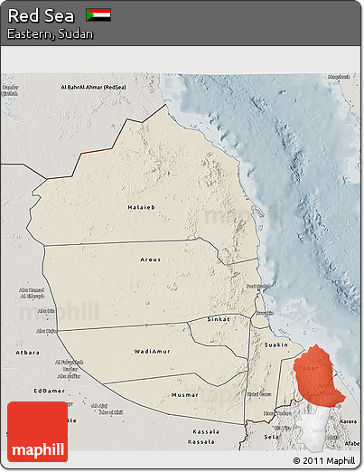 Shaded Relief 3D Map of Red Sea, semi-desaturated