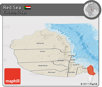 Shaded Relief Panoramic Map of Red Sea, single color outside