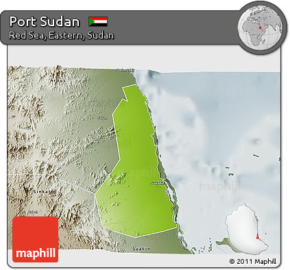 Physical 3D Map of Port Sudan, semi-desaturated