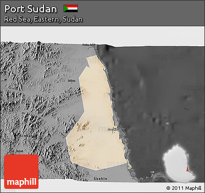 Satellite 3D Map of Port Sudan, darken, desaturated