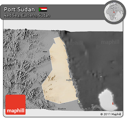 Satellite 3D Map of Port Sudan, darken, desaturated