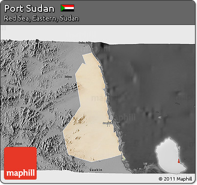 Satellite 3D Map of Port Sudan, darken, desaturated