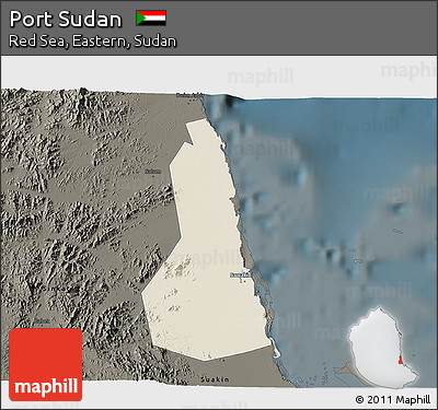 Shaded Relief 3D Map of Port Sudan, darken