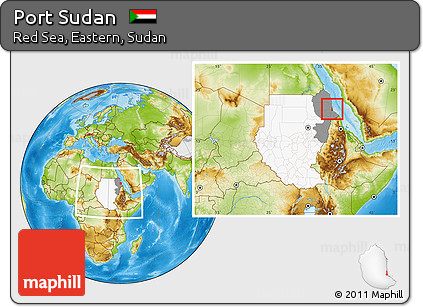 Physical Location Map of Port Sudan, highlighted country, highlighted grandparent region, within the entire country