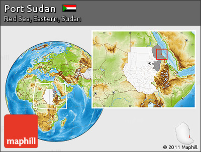 Physical Location Map of Port Sudan, highlighted country, highlighted grandparent region, within the entire country