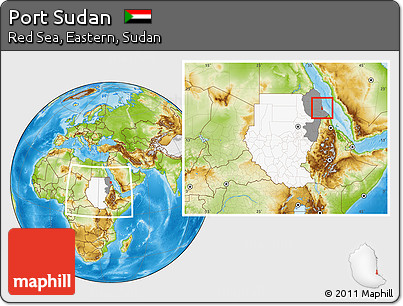 Physical Location Map of Port Sudan, highlighted country, highlighted grandparent region, within the entire country