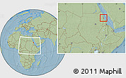Savanna Style Location Map of Port Sudan, within the entire country, hill shading