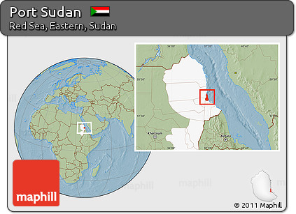 Savanna Style Location Map of Port Sudan, highlighted grandparent region, hill shading