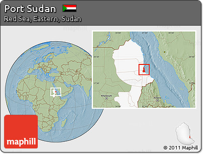 Savanna Style Location Map of Port Sudan, highlighted grandparent region, hill shading