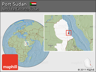 Savanna Style Location Map of Port Sudan, highlighted grandparent region, hill shading