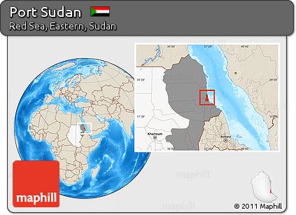 Shaded Relief Location Map of Port Sudan, highlighted country, highlighted grandparent region