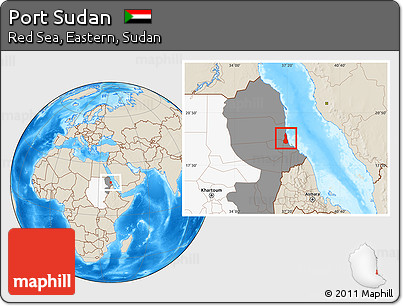 Shaded Relief Location Map of Port Sudan, highlighted country, highlighted grandparent region