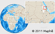 Shaded Relief Location Map of Port Sudan, highlighted grandparent region, within the entire country