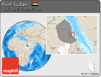 Shaded Relief Location Map of Port Sudan, highlighted parent region, highlighted grandparent region