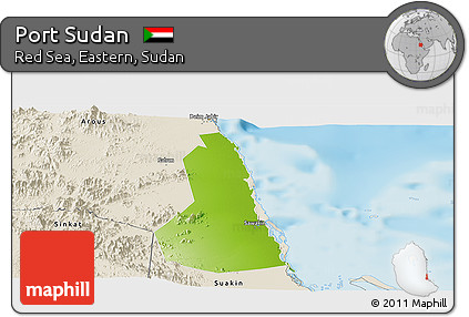 Physical Panoramic Map of Port Sudan, shaded relief outside