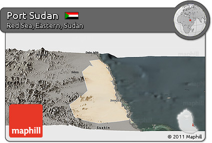 Satellite Panoramic Map of Port Sudan, darken, semi-desaturated