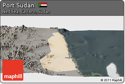 Satellite Panoramic Map of Port Sudan, darken, semi-desaturated
