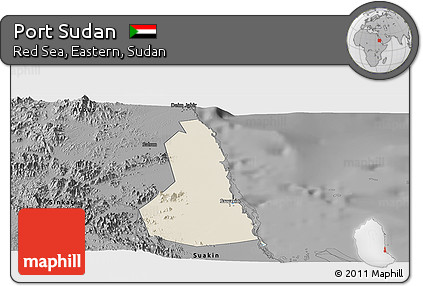Shaded Relief Panoramic Map of Port Sudan, darken, desaturated