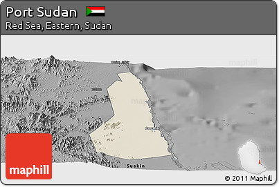 Shaded Relief Panoramic Map of Port Sudan, darken, desaturated