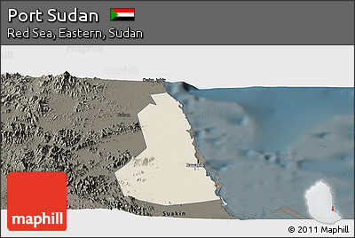 Shaded Relief Panoramic Map of Port Sudan, darken