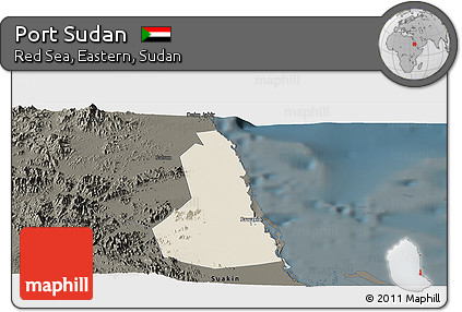 Shaded Relief Panoramic Map of Port Sudan, darken