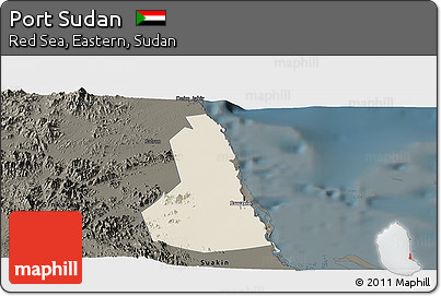 Shaded Relief Panoramic Map of Port Sudan, darken