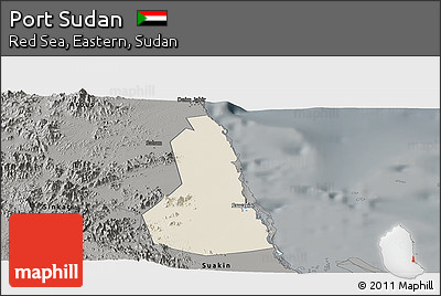 Shaded Relief Panoramic Map of Port Sudan, darken, semi-desaturated