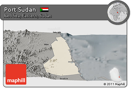 Shaded Relief Panoramic Map of Port Sudan, darken, semi-desaturated