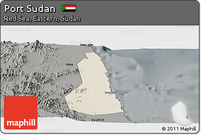 Shaded Relief Panoramic Map of Port Sudan, darken, semi-desaturated
