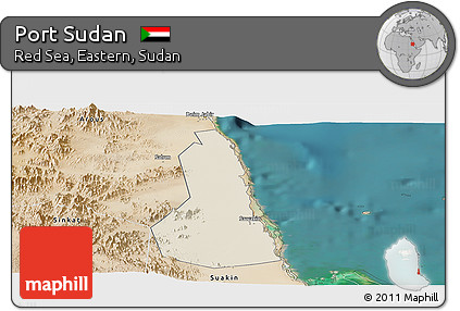 Shaded Relief Panoramic Map of Port Sudan, satellite outside