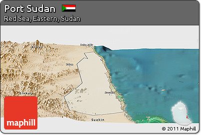 Shaded Relief Panoramic Map of Port Sudan, satellite outside