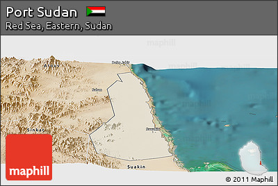 Shaded Relief Panoramic Map of Port Sudan, satellite outside