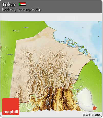 Satellite 3D Map of Tokar, physical outside