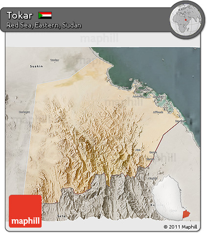 Satellite 3D Map of Tokar, semi-desaturated