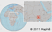 Gray Location Map of Juba, within the entire country, hill shading