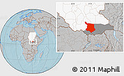 Gray Location Map of Juba, highlighted country, highlighted parent region, hill shading
