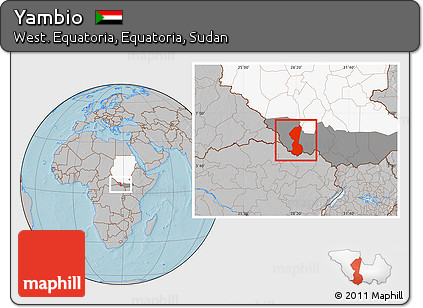 Gray Location Map of Yambio, highlighted country, highlighted grandparent region, hill shading