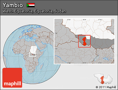 Gray Location Map of Yambio, highlighted country, highlighted grandparent region, hill shading