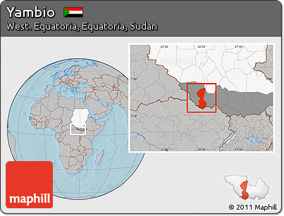 Gray Location Map of Yambio, highlighted country, highlighted grandparent region, hill shading