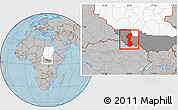 Gray Location Map of Yambio, highlighted country, highlighted grandparent region, hill shading