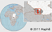 Gray Location Map of Yambio, highlighted country, highlighted parent region, hill shading