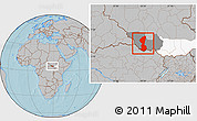 Gray Location Map of Yambio, highlighted parent region, highlighted grandparent region, hill shading