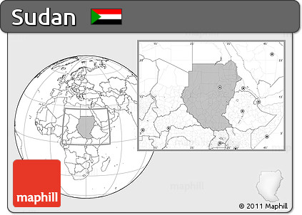 Gray Location Map of Sudan, blank outside, hill shading inside