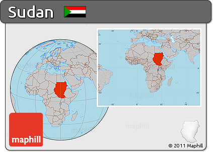 Gray Location Map of Sudan, within the entire continent